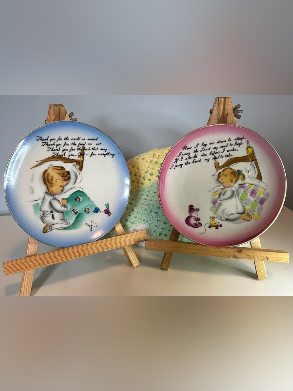 Vintage Lefton ESD Japan Child’s Prayer Wall Plates Set of 2 Boy Girl 6”